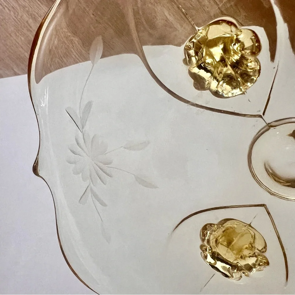 Lancaster Yellow Engraved Flower‎ Glass Petal Footed Dish Bowl Cake Plate 8” Vtg